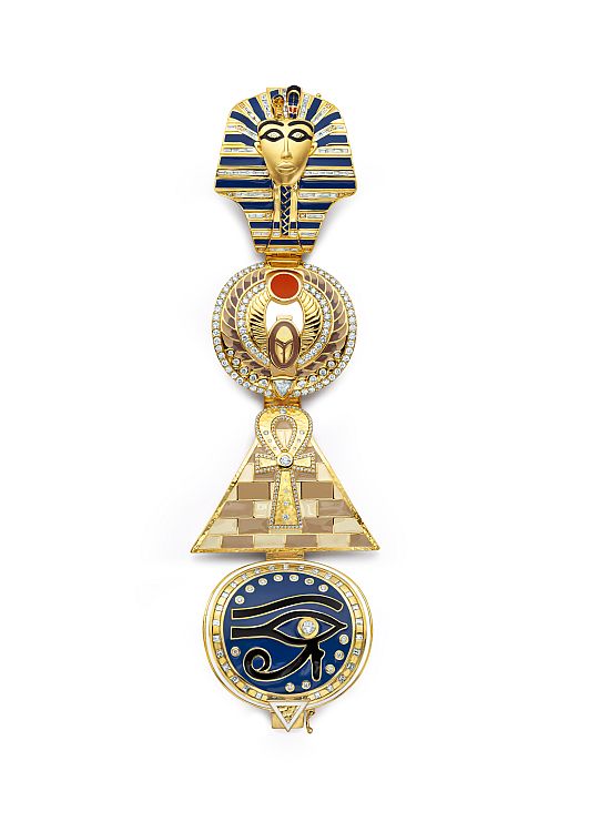 Buddha Mama Egyptian bracelet in 20-karat gold, diamond and enamel, decorated with pharaoh, scarab, pyramid, ankh and Eye of Horus symbols.