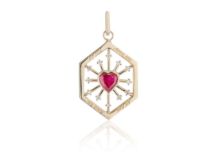 Ashley Zhang Ruby Heart Love Token in 14-karat gold with ruby and diamonds. 