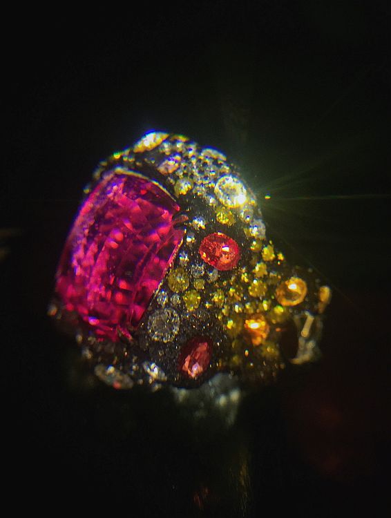 Gearry Suen - Au Coucher Du Soleil ring with 15.98ct rubellite, Burma spinels, yellow diamonds, brown diamonds and 4.0ct colourless diamonds