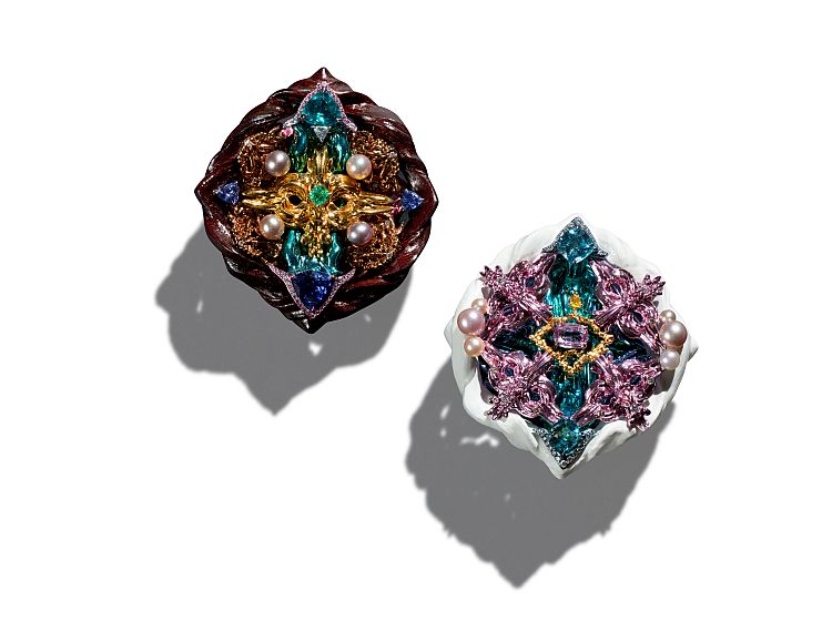 Gearry Suen The Conversation Earrings in titanium and 18k gold, with sandalwood, Padparadscha sapphire, emerald, spinels, tanzanite and multicolour diamonds