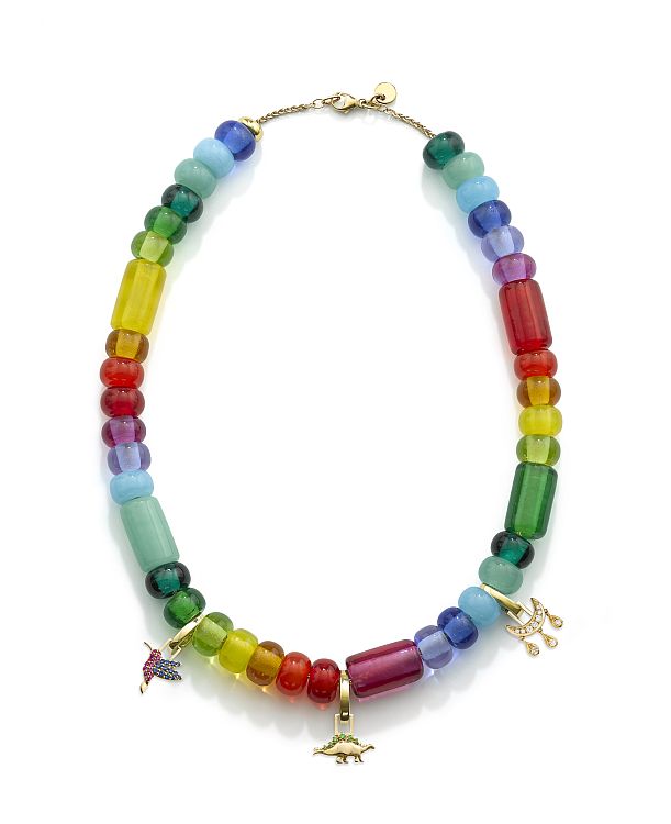 Robinson Pelham
Arcadia necklace in 9-karat gold with rainbow glass beads, featuring gold, diamond and colored-gemstone charms.
