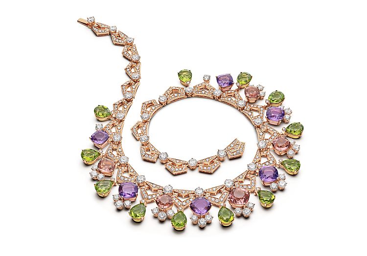 Bulgari Barocko necklace set with pink tourmalines, peridots, amethysts, and diamonds.