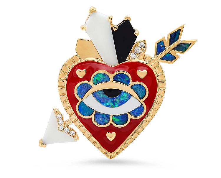 Colette Penacho Heart charm in 18-karat gold with opal, mother of pearl, onyx, enamel and diamonds.