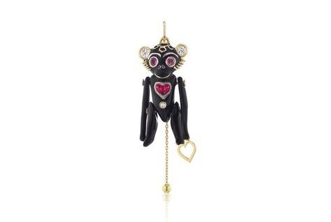 George Doll Charm by CastroNYC CastroNYC "George" doll charm with black enamel, white, black, grey diamonds and no heat rubies- 18k yellow gold, sterling silver