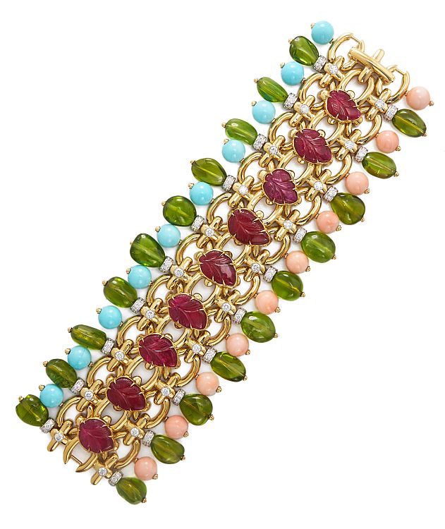 David Webb Brocade bracelet set with peridots, corals, turquoises and diamonds. 