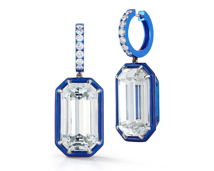Katherine Jetter white topaz and diamond earrings with blue enamel. 