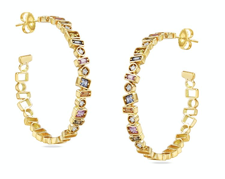 Suzanne Kalan hoop earrings in 18-karat rose gold set with baguette and princess cut pastel sapphires and round white diamonds. 