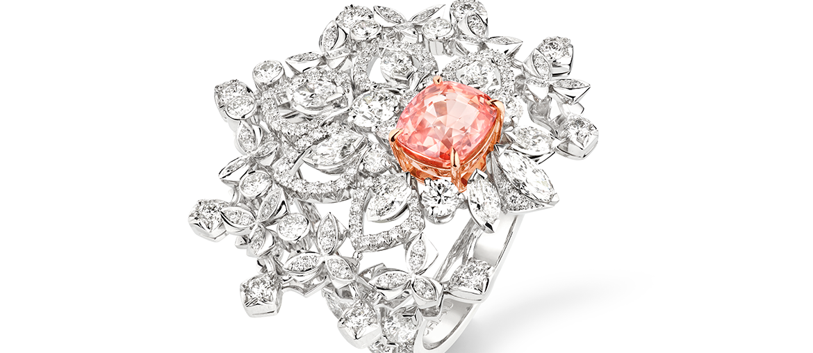Chaumet Russie ring in white and pink gold, set with a cushion-cut “sunset color” 3.11-carat Ceylon padparadscha sapphire. 