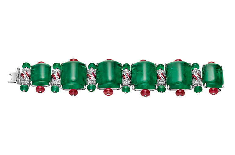 Bulgari cabochon emerald link bracelet with diamonds, rubies, and emerald and ruby beads.