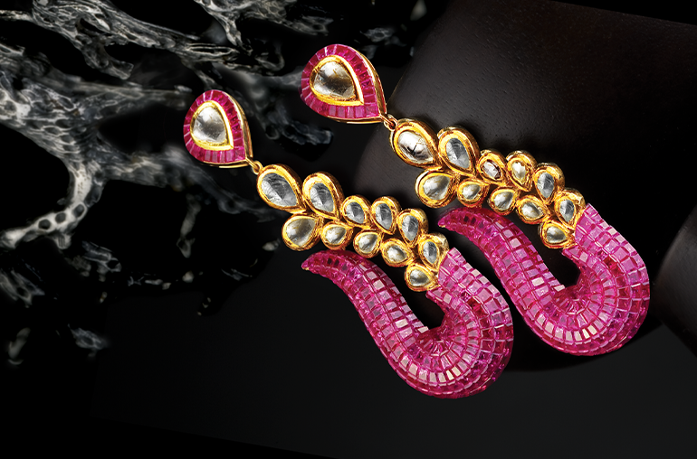 Birdhichand Ghashyamdas uncut diamond and invisible set ruby earrings from ‘Adrishya’ collection