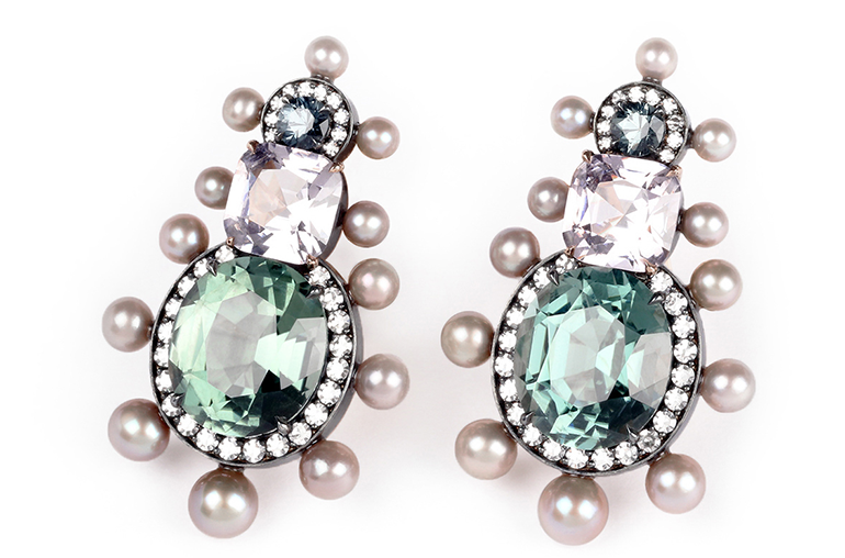 Silver and gold earrings featuring tourmaline, spinel, diamonds and natural pearls by Nadia Morgenthaler