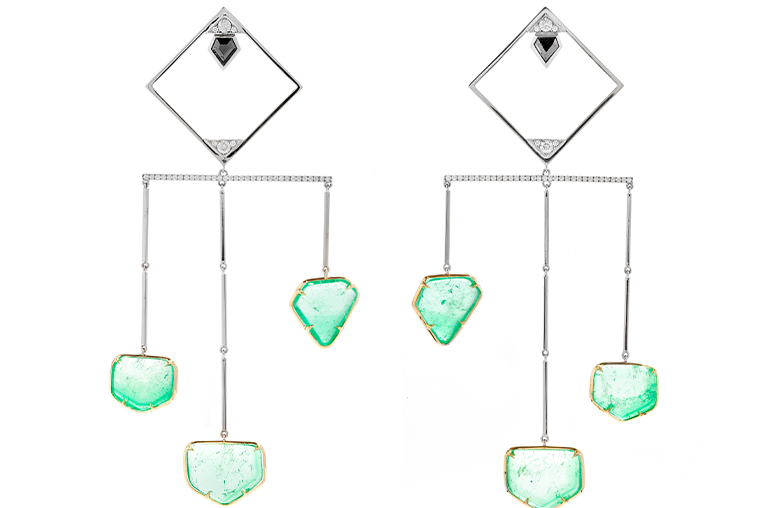 Ara Vartanian x Muzo earrings featuring 35.18 carats of Muzo emerald slices along with black and white diamonds in 18-karat gold