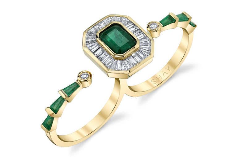 Shay emerald and diamond double finger ring