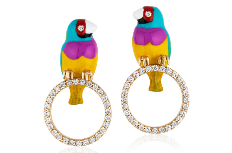 Onirikka. Neon hues of enamel bring the colors of the Gouldian finch to life in these 18-karat gold and diamond earrings.