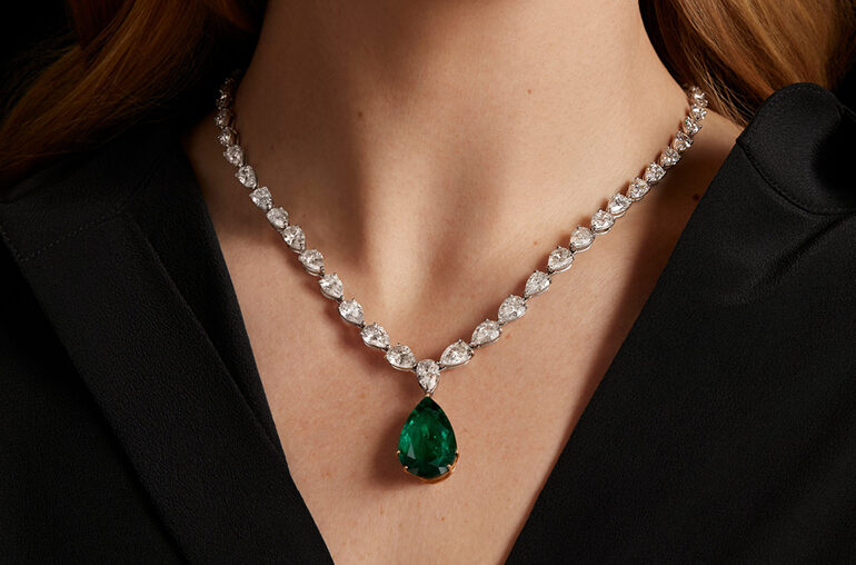 Graff diamond necklace with detachable pear-shaped, 13.88-carat Colombian emerald drop, which sold at Bonhams in September for $570,207. (Bonhams)
