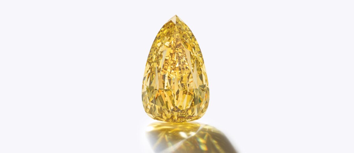 Main image: The 303.10-carat Golden Canary fancy deep brownish-yellow diamond sold for $12.4 million during the Sotheby’s auction. (Sotheby’s)