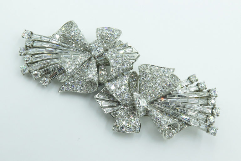 A pair of Art Deco platinum and diamond clips. Image: CAMILLA DIETZ BERGERON, LTD.