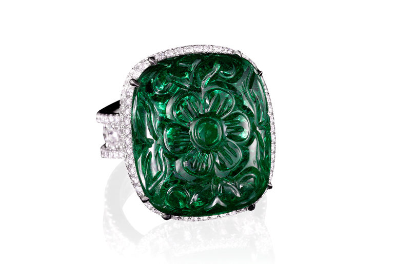 BAYCO_diamond ring featuring carved emerald