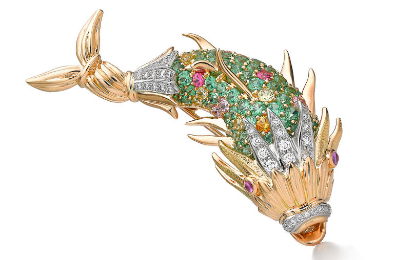 Tiffany & Co. Schlumberger® Royal Fish clip in 18k yellow gold and platinum with tsavorites, pink spinels, yellow and pink sapphires, and round brilliant diamonds