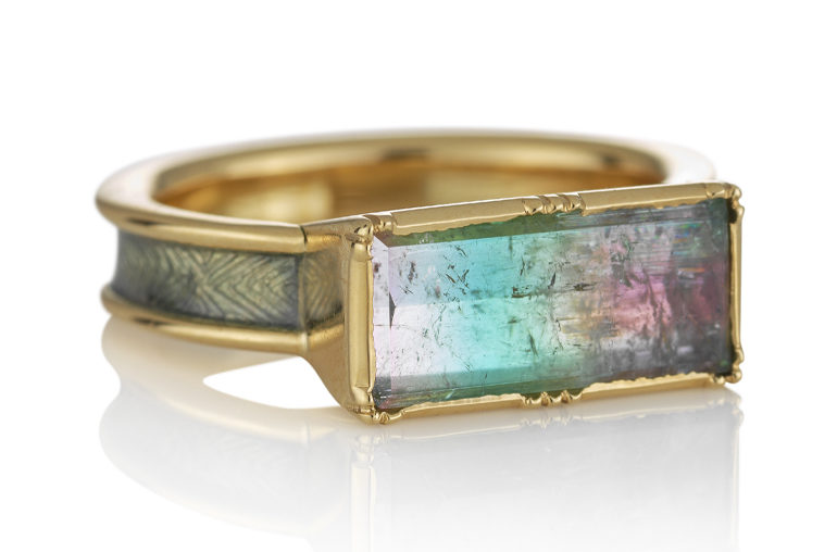 Brooke Gregson, Hera Enamel Rainbow Tourmaline ring set in 18K gold with hand engraved and enamelled band.
