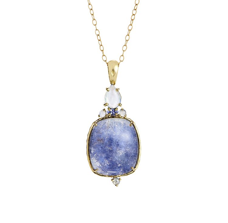 Daria de Koning Daily Pendant 801 in 18-karat yellow gold with a specimen of dumortierite in-quartz, pear-shaped rainbow moonstone, faceted oval tanzanite, chalcedony, and a rose-cut grey diamond. 