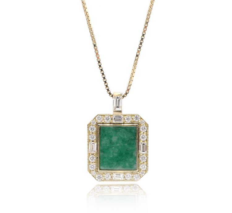 Jade square necklace with diamonds set in 18k gold, limited edition by Ashley Zhang.
