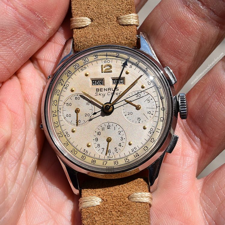 -  1940's Vintage Benrus Iconic and Collectible Sky Chief Ref. G280F Triple Date Calendar 3 Register Chronograph Stainless Steel watch with Original Silver Dial with Applied Arabic Gold Color 12 and Applied Gold Color Dot Markers with Very Sought After Valjoux 72C Movement