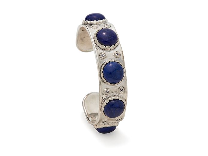 Philip Crangi Cab cuff in sterling silver with white diamonds and lapis. 