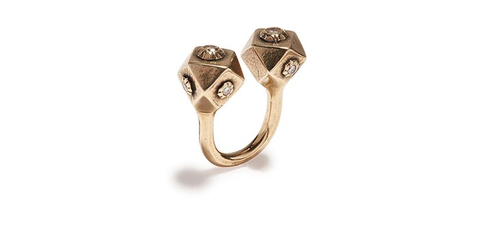 Philip Crangi Double Snake Head ring in bronze with white diamonds.