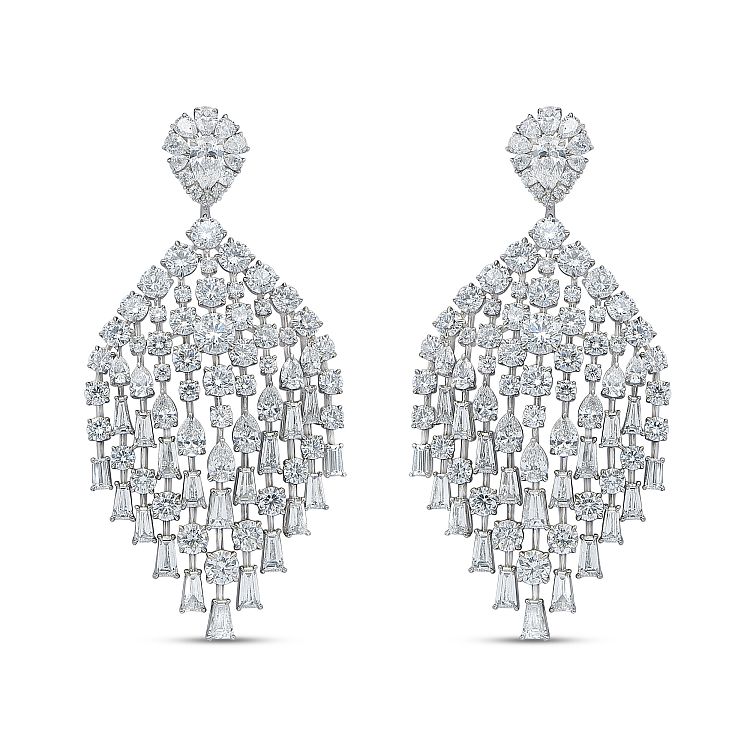 Harakh Peacock earrings in 18-karat white gold with round, pear and custom-cut tapered baguette diamonds.
