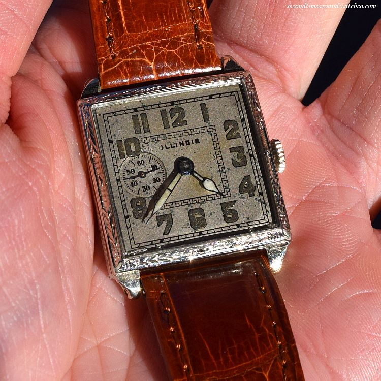 1927 Vintage Illinois Square Shape 14 White Gold Filled Art Deco Case watch with Original Silver Dial with Luminous Arabic Numbers