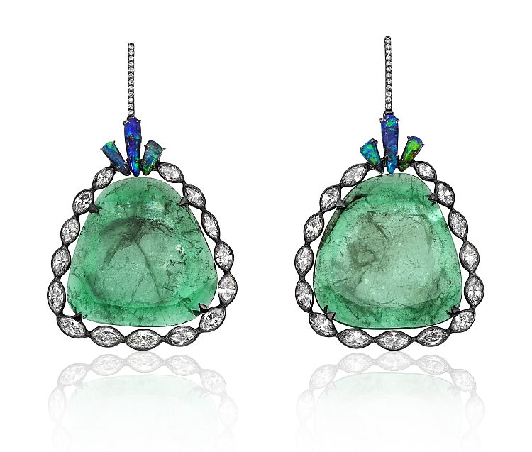 Kimberly McDonald one-of-a-kind emerald slice earrings with boulder opals and diamonds set in 18-karat yellow gold. 
