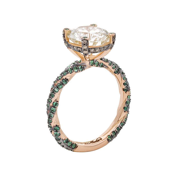 Misahara The Garden of Eden ring in 18-karat rose gold centering a 3-carat white diamond with 0.5 carats of emeralds and 0.2 carats of champagne diamonds.