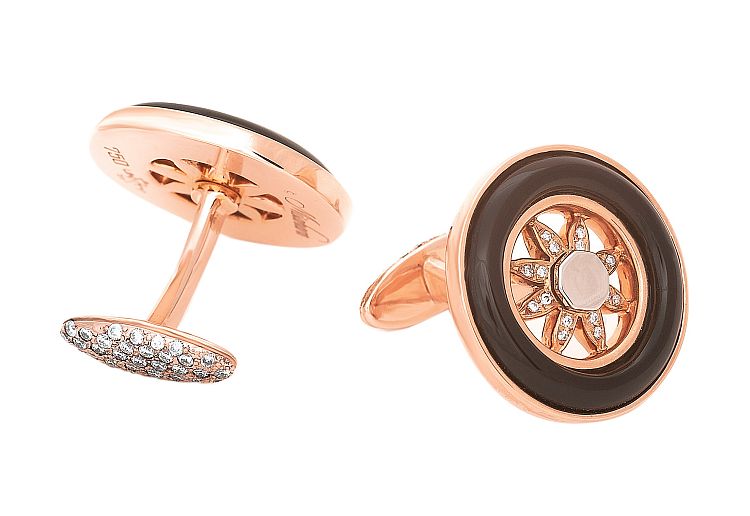Misahara Spinning Wheels cufflinks in 18-karat rose gold with black onyx and 0.75 carats of white diamonds.