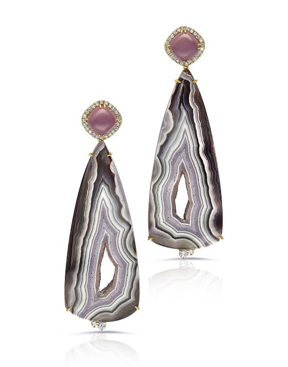 Pamela Huizenga earrings in 18-karat gold with chalcedony, purple passion agate slices, and diamonds. 