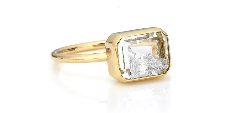 Moritz Glik Esmeralda ring in 18-karat yellow gold with baguette diamonds enclosed in a white sapphire Kaleidoscope shaker.