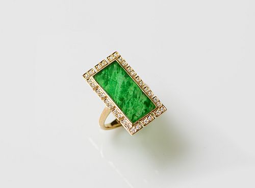 Sue Ling Jewelry jade slice ring with diamond surround set in 18-karat gold. 