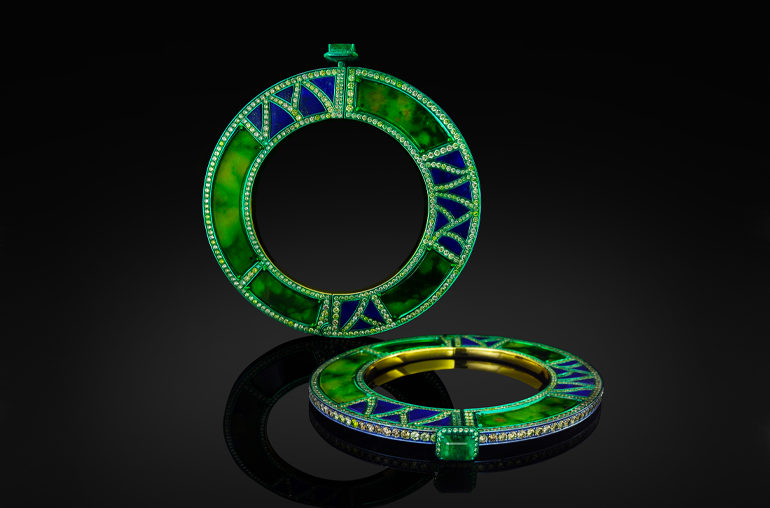 ● Green jade bangle with colored diamonds and lapis lazuli set in chrome metal by Austy Lee