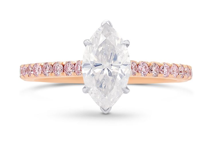 Leibish & Co 18-karat rose and white gold ring set with a marquise, 1.01-carat, fancy white diamond and brilliant-cut, fancy pink diamonds. 