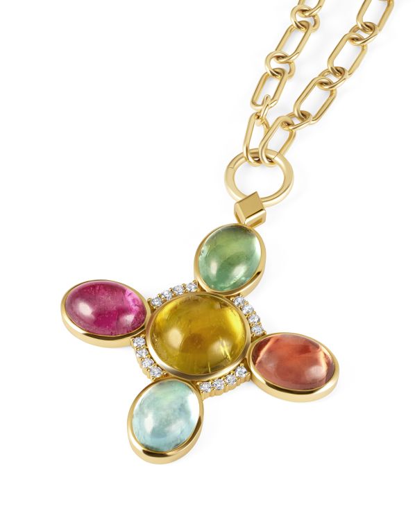 Emily P Wheeler Earth Compass necklace in 18-karat gold with a 21.12-carat canary tourmaline, 9.7-carat pink tourmaline, 9.7-carat rubellite, 9.7-carat green tourmaline, 9.7-carat aquamarine, and diamonds.