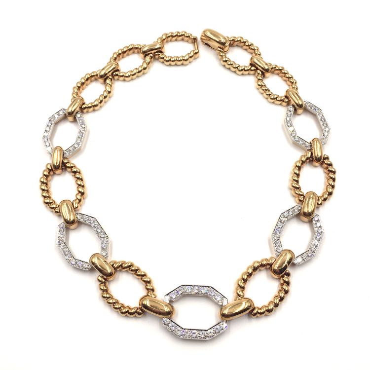 David Webb 18-karat yellow gold and platinum set diamond necklace, available at Camilla Dietz Bergeron. 