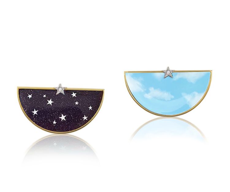 Anna Maccieri Rossi Dreamy Half an Hour earrings in 18-karat gold and diamonds, with hand-painted clouds and stars over mother-of-pearl and aventurine glass.