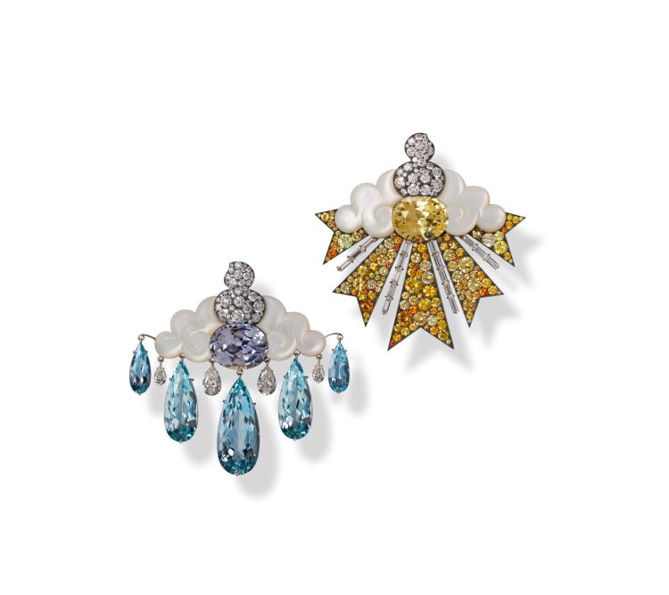 David Michael Rain or Shine earrings, each featuring an unheated sapphire of around 9 carats — one yellow and one light blue — along with aquamarines, diamonds and mother-of-pearl.