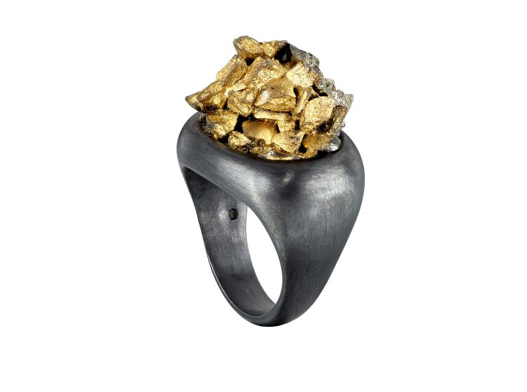 Emefa Cole Lapilli oxidized silver and yellow gold vermeil ring from the Vulcan series. 