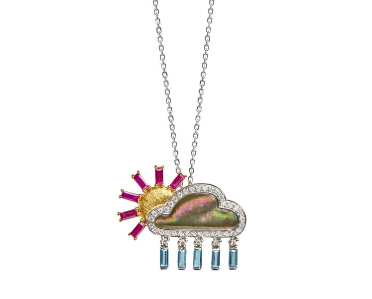 Frédérique Berman Weather pendant in 18-karat gold with rubies, topaz, diamonds and mother-of pearl. The piece can also be worn as a brooch.