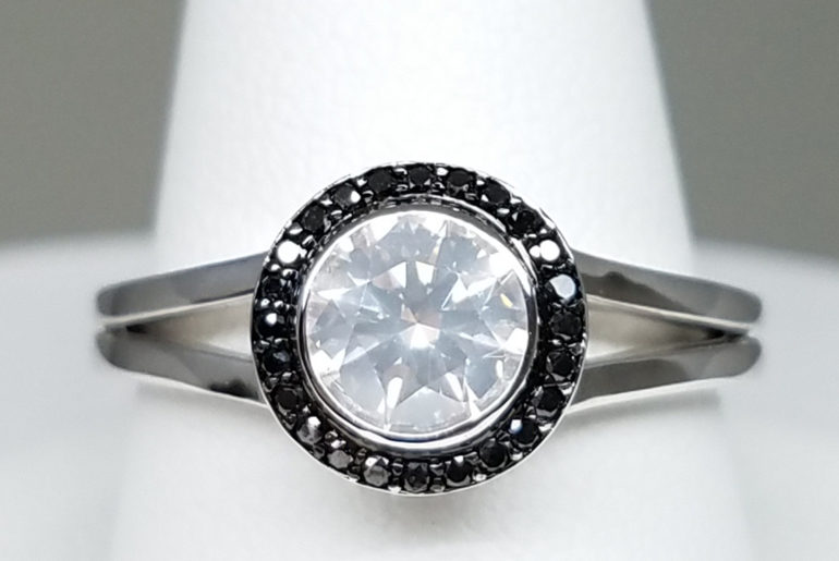 14k white gold ring, 0.75ct fancy white diamond and black diamond surround; Courtesy Michael Jakubowski.