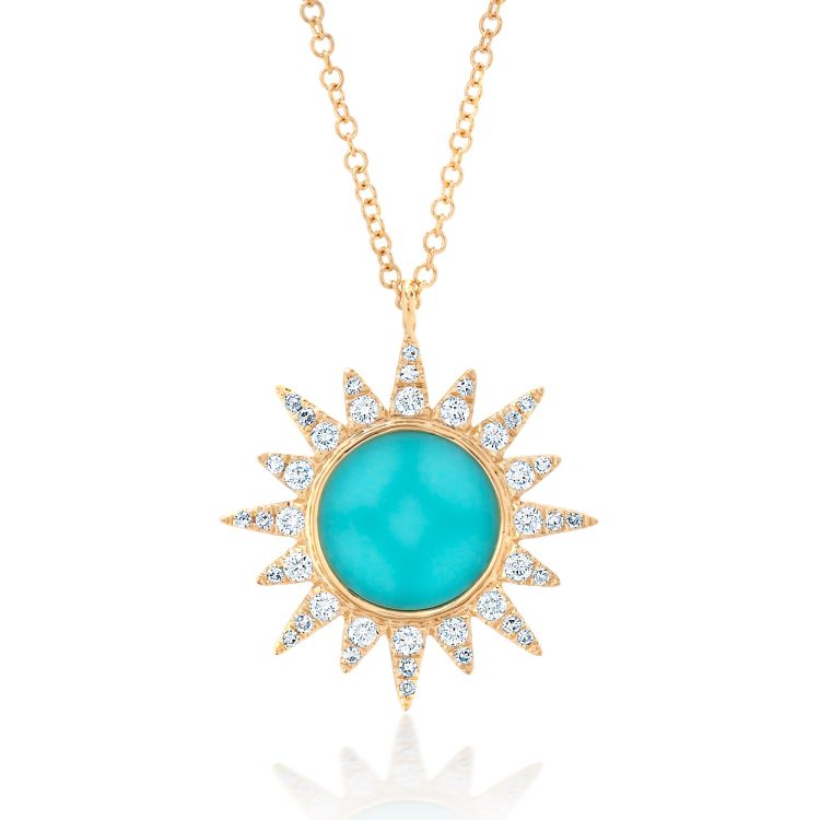 Nicole Rose diamond and turquoise sun burst pendant in 14-karat yellow gold. 