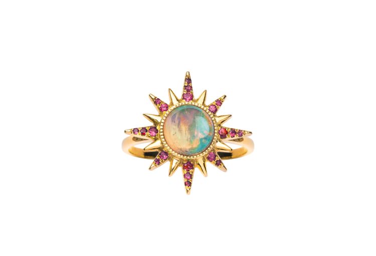 Jenny Dee Electra Maxima ring in 18-karat yellow gold with a 1.30-carat Ethiopian opal and rubies.