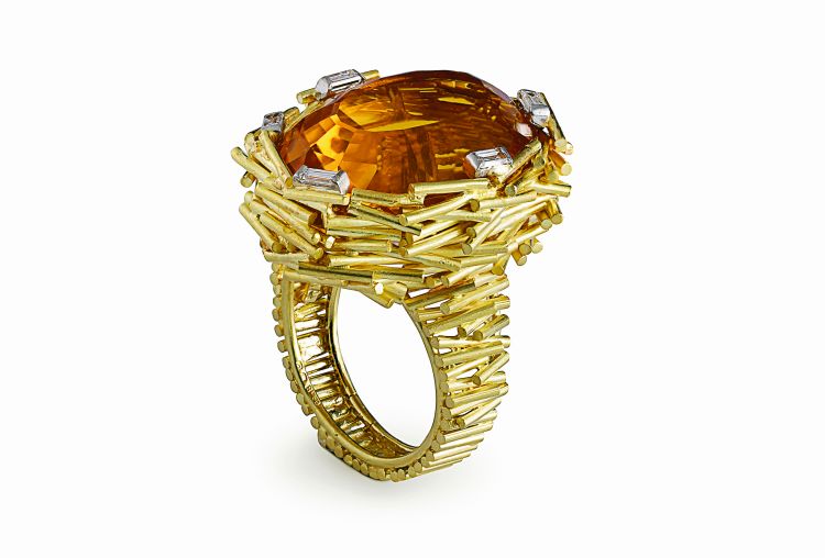 Andrew Grima Bird's nest yellow gold wire ring set with an oval citrine and baguette diamonds, 1969. Photo: Grima Archives. 