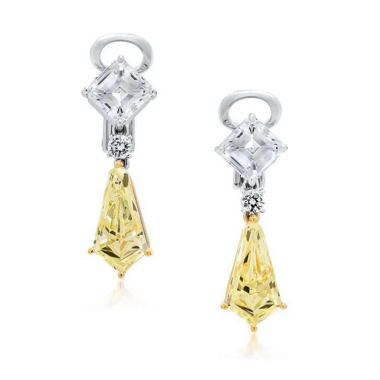 Thelma West Golden Kites earrings in platinum with 5 carats of kite-shaped, fancy-yellow diamonds, 4 carats of Asscher cut white diamonds, and 0.40 carats of round brilliant diamonds.
